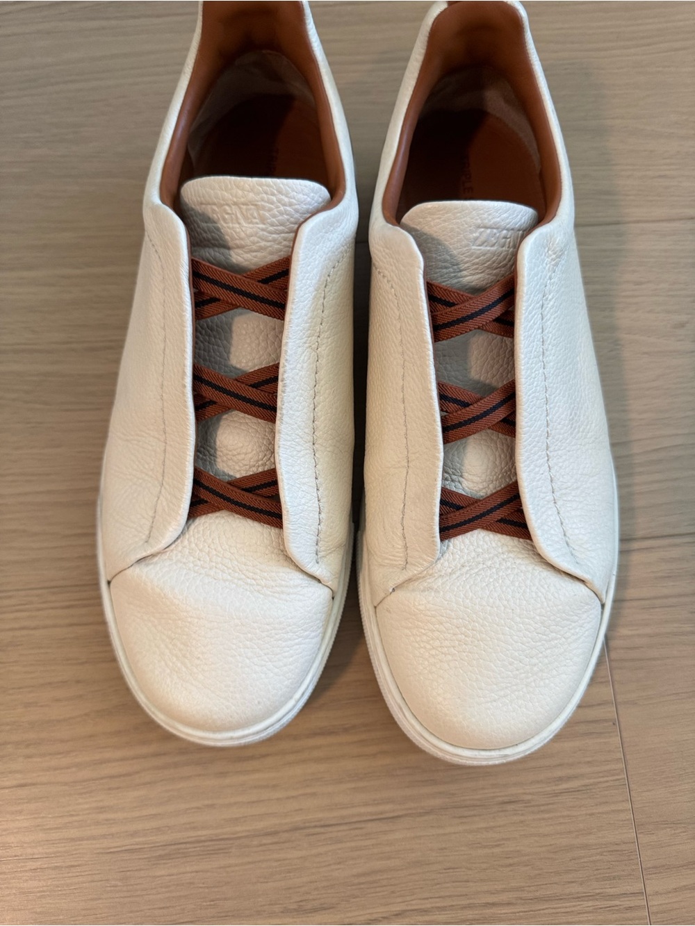 Ermenegildo Zegna White Leather Slip-On Sneakers with Brown Elastic Detail